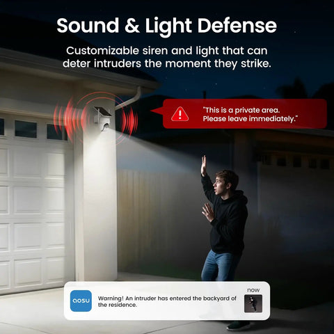 Outdoor Wireless Security Camera Kit, 4 Camera System, installed on house exterior, demonstrating security alert response at night