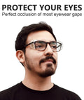 Man wearing slip on clear side shields for prescription glasses, soft TPU cushioned eyewear protectors against wind and debris