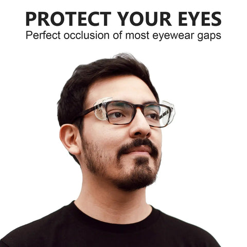 Man wearing slip on clear side shields for prescription glasses, soft TPU cushioned eyewear protectors against wind and debris