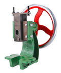Built Like A Tank Cast Iron Manual Benchtop Punch Press Featuring Oversized Handwheel for Precision Metal Stamping Bending and Forming 1.2 Ton Arbor Tool with No Sweat Operation close-up, green body and red handwheel.