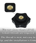 Close-up of Four Pack One Quarter Inch Twenty Black Nylon Screw On Thru Threaded Knob Nuts with brass insert detail.