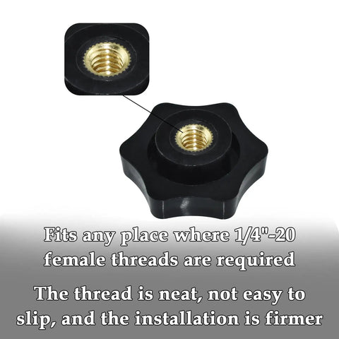 Close-up of Four Pack One Quarter Inch Twenty Black Nylon Screw On Thru Threaded Knob Nuts with brass insert detail.