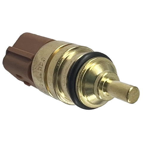 Coolant temperature sensor close-up: brass body with brown plastic connector and black O-ring