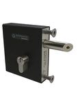 Heavy Duty Bolt On Long Throw Key Latch For Outdoor Gates Stainless Steel Double Sided Lock showcasing lock mechanism and screws.