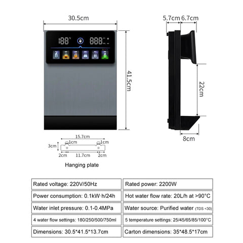 Dimensions and features of Wall Mounted Mains Fed Water Dispenser With 3S Instant Hot Water, Electronic Child Lock, Intelligent Touch Screen