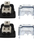2 Way Car Audio Power Distribution Block With Dual Outputs From 0 2 4 Gauge In To 4 6 10 Gauge Out, Transparent Dust Cover, Built For Off Road Rigs, LED Light Bars, And Heavy Duty Vehicle Electrical Upgrades., zinc alloy block with transparent dust cover, dual outputs