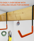 Heavy Duty Rafter Hanger Set for Garage and Workshop, Large S Hooks With Non Slip Coating hanging from beam