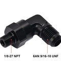6AN Male Flare To 1/8 NPT 90 Degree Swivel Fitting Adapter Aluminum Black For High Performance Race-Ready Fuel Or Oil Lines AN To NPT Connector, 1500 PSI, -40F To 250F, 37 Degree AN Seal To 60 Degree NPT Seal, black 6AN to 1/8-27 NPT elbow