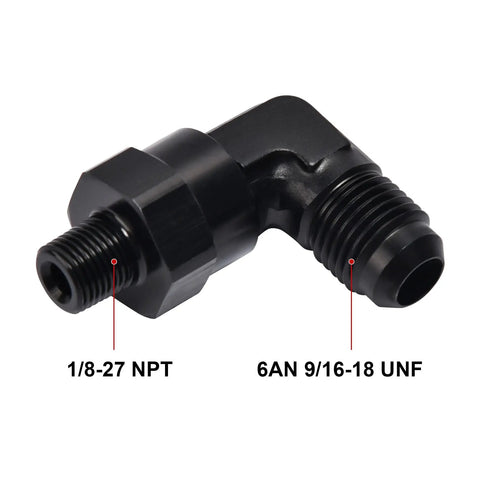 6AN Male Flare To 1/8 NPT 90 Degree Swivel Fitting Adapter Aluminum Black For High Performance Race-Ready Fuel Or Oil Lines AN To NPT Connector, 1500 PSI, -40F To 250F, 37 Degree AN Seal To 60 Degree NPT Seal, black 6AN to 1/8-27 NPT elbow