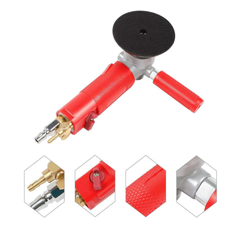 Side view of red 4-inch pneumatic wet stone polisher with black circular pad and textured grip
