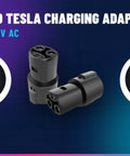 No Sweat Compact J1772 To Tesla Charging Adapter with two connector ends viewed from multiple angles on a gradient background.