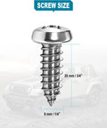 Close-up of a 20mm stainless steel license plate screw with measurements for M6x20mm hardware, shown in front of a vehicle image.