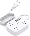 US To European Travel Plug Adapter With 3 Foot Extension Cord Type C E F Power Converter with USB ports and white cord.