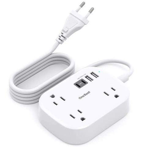US To European Travel Plug Adapter With 3 Foot Extension Cord Type C E F Power Converter with USB ports and white cord.