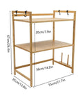 Top Shelf Heavy Duty Double Tier Microwave Stand With Cutting Board Holder And Four Utensil Hooks For Countertop Storage Kitchen Organization No Sweat Setup, bamboo design, 67cm height, 55cm width.