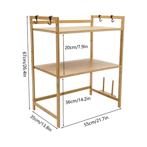Top Shelf Heavy Duty Double Tier Microwave Stand With Cutting Board Holder And Four Utensil Hooks For Countertop Storage Kitchen Organization No Sweat Setup, bamboo design, 67cm height, 55cm width.