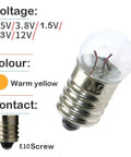 Ten Pack E10 Mini Light Bulbs 3.8V 0.3A Warm Yellow Incandescent Bulbs For Flashlights Tools And DIY Projects With Tungsten Filament Durable Glass Construction Ideal Indicator Lamps. E10 screw mini bulb with warm yellow glass and visible filament