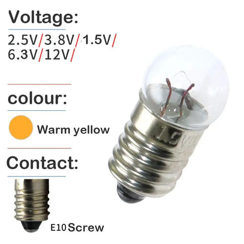 Ten Pack E10 Mini Light Bulbs 3.8V 0.3A Warm Yellow Incandescent Bulbs For Flashlights Tools And DIY Projects With Tungsten Filament Durable Glass Construction Ideal Indicator Lamps. E10 screw mini bulb with warm yellow glass and visible filament