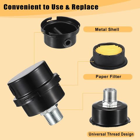 Air Compressor Silencer With Built In Filter And Intake Filter Replacement, components including metal shell and paper filter