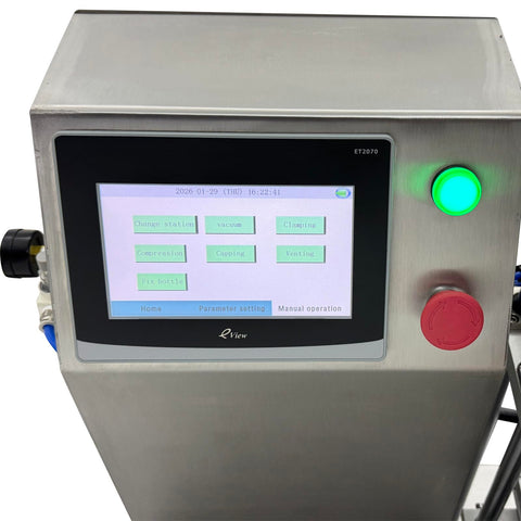 No Sweat Automatic Vacuum Bottle Capper With Responsive Foot Pedal And Smart Touchscreen control panel with buttons for various functions.