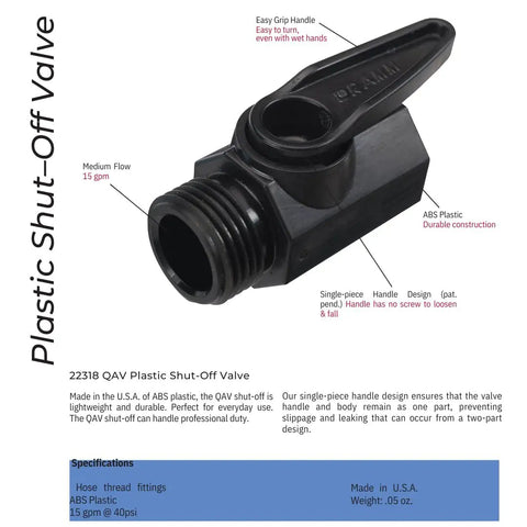 Plastic shut-off valve with easy grip handle, labeled design features, and durable ABS plastic construction, USA made.