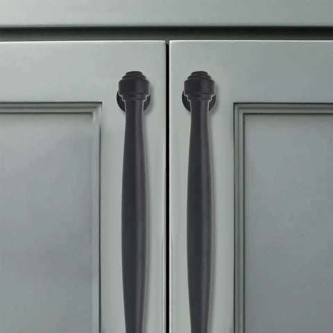 10 Pack 5 Inch Matte Black Cabinet Pulls Heavy Duty Drawer Handles For Kitchen Cabinets Bedroom Dressers Solid Metal Cupboard Knobs 128mm Center To Center close up on matte black handles mounted on cabinets