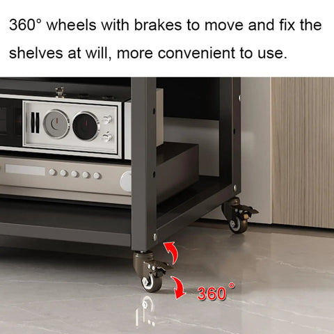 Top Shelf Corner TV Stand Heavy Duty Six Tier Wooden Entertainment Center With Adjustable Shelving showing 360° wheels for mobility and stability.