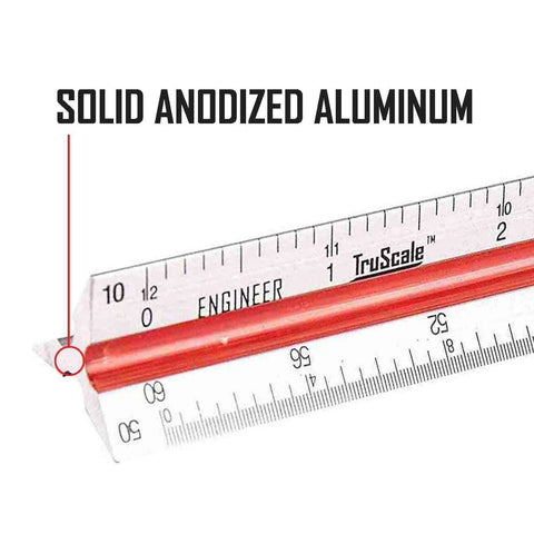 Close-up of 12 Inch Aluminum Triangular Engineering Scale Ruler with Six Scales 1:10 to 1:60, highlighting solid anodized aluminum.