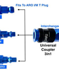 Top Shelf Aluminum Air Hose Fittings Kit featuring Quick Connect Coupler and Industrial Air Plug One Hand Operation Rock Solid Six Ball Lock Design 1/4 Inch Blue Compressor Gear with 3 interchangeable connectors.
