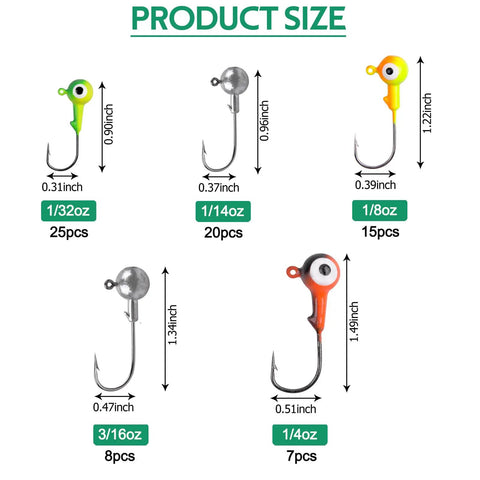 75 Piece Jig Head Hook Set With Assorted Round Jig Heads For Bass Crappie Trout Walleye Saltwater And Freshwater Fishing Tackle Includes 1/32oz 25Pcs 1/14oz 20Pcs 1/8oz 15Pcs 3/16oz 8Pcs 1/4oz 7Pcs Durable Carbon Steel size chart