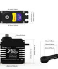 Diagram of Beefy 70Kg Brushless RC Servo With All Steel Helical Gears, including measurements and arm components.