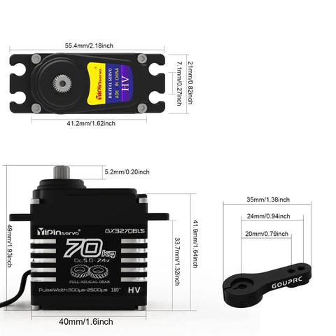 Diagram of Beefy 70Kg Brushless RC Servo With All Steel Helical Gears, including measurements and arm components.