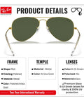 RB3025 Pilot Shape Non-Polarized Sunglasses For Men And Women With G-15 Green Lens, featuring polished metal frame and eyewear kit.