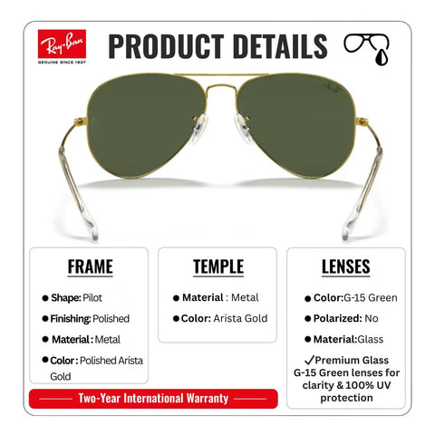 RB3025 Pilot Shape Non-Polarized Sunglasses For Men And Women With G-15 Green Lens, featuring polished metal frame and eyewear kit.