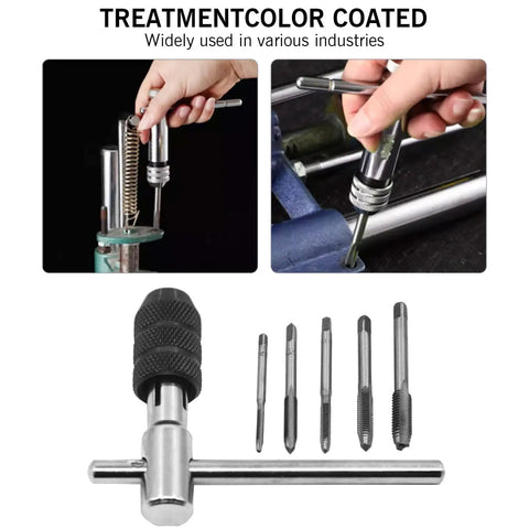 Metric Tap Set With Adjustable T Handle Tap Wrench 5 Piece M3 M4 M5 M6 M8 Taps For Metal Aluminum Plastic Wood DIY Machinist Kit Tool