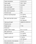 Specification sheet for One Half HP Submersible Sump Pump 2110GPH Portable Electric Water Pump With Built-In Float Switch.