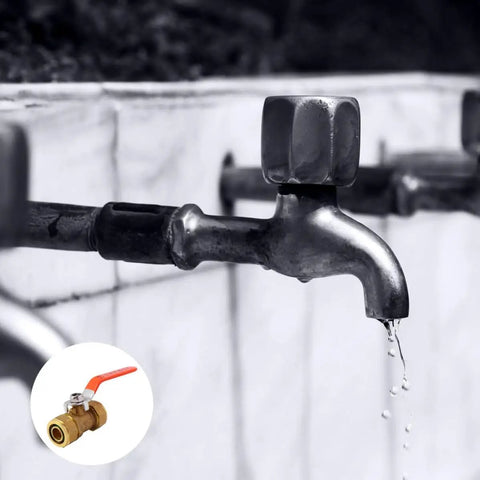 Top Shelf Heavy Duty Brass Ball Valve For Plumbing And Garden Hose Shut Off With Integrated Pressure Relief and Check Function Stops Backflow Smoothly In Kitchens And Heaters Works Like A Charm mounted on a water faucet.