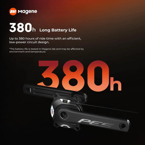 Beefed-Up Power Meter Crankset For Cycling P505 P515 with 380h battery life displayed, ultra lightweight design, black color.