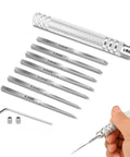 Professional Grade Seven Piece Alloy Scribing Tool Kit With Hella Sharp Micro Blades For Precision Gunpla Line Etching And Resin Detailing Badass Modeler Gear on white background.