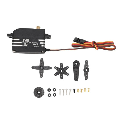 Hella Strong 14Kg High Torsion Digital Servo Motor featuring heavy duty copper gears and accessories for RC cars and crawlers.