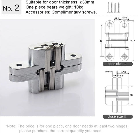 Image of Heavy Duty Concealed Door Hinges For Internal Doors 180 Degree Folding Stainless Steel Butt Hinges Built In Hidden Cross Gemel For Cabinets And Boxes No 2 Color, showing a single hinge piece with technical dimensions and complimentary screws.
