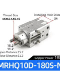 Heavy Duty Angular Pneumatic Rotary Actuator Air Gripper MRHQ10D model with dimensions and specifications diagram.