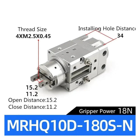 Heavy Duty Angular Pneumatic Rotary Actuator Air Gripper MRHQ10D model with dimensions and specifications diagram.