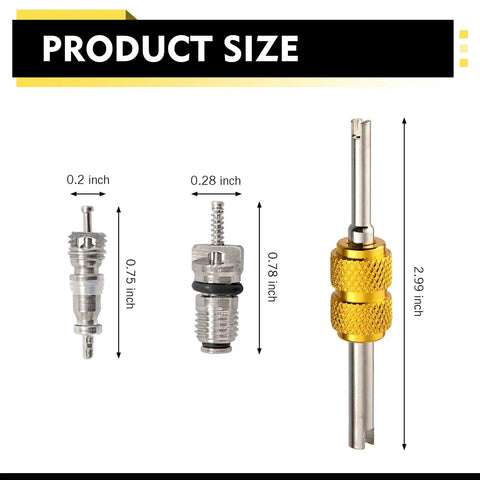16 Piece Auto AC Valve Core Kit With R134A Cores And Seal Caps, showing various component sizes against a white background.
