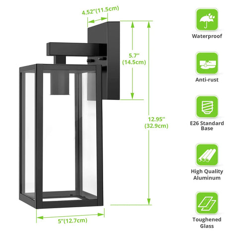 Durable Black Exterior Wall Lanterns With Hella Weatherproof Build For Backyards And Patios side view with dimensions shown