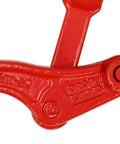 Close-up of Heavy Duty Lever Chain Binder for Five Sixteenths to Three Eighths Inch Chains, 9200 Lb Working Load Limit, forged red metal