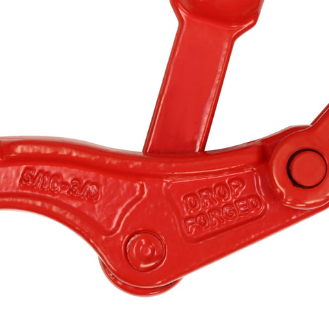 Close-up of Heavy Duty Lever Chain Binder for Five Sixteenths to Three Eighths Inch Chains, 9200 Lb Working Load Limit, forged red metal