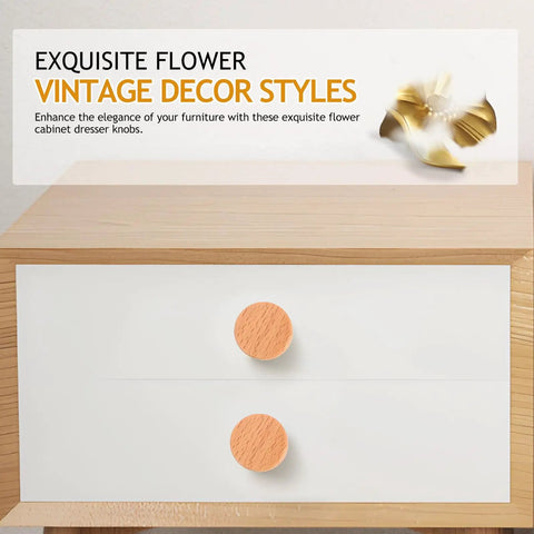 Round Beech Wood Cabinet Handles 4 Pack Circular Drawer Pulls 35mm Single Hole Mount farmhouse style installed on white drawer