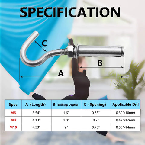 M6 Heavy Duty Concrete Wall Hook Set 304 Stainless Steel Concrete Anchor Bolts Expansion Wall Mount Hooks For Concrete Walls 5 Pack Rust Resistant Indoor Outdoor Supports Up To 264 Pounds 120 Kilograms specifications