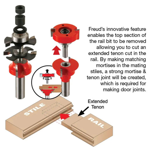 Illustration of Pro Grade Workhorse Adjustable Rail And Stile Bit Round Over Bead With TiCo Hi Density Carbide for woodworking joints